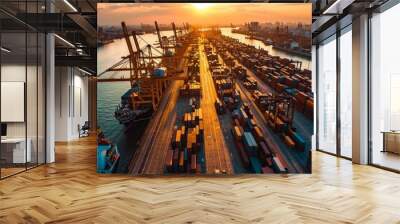 Aerial view of international trading supply chain seaport full of Containers loading with cranes onto cargo ship for shipping logistics of business import export freight, Generative AI Wall mural