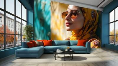 modern colorful stylish outfit photoshoot of a muslim hijab woman in dynamic shot happy and positive for modest trendy arab women fashion as wide banner with copysapce area. Generative AI Wall mural