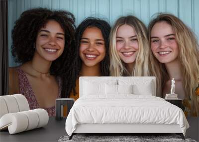 Optimistic cheery young women multiracial friends, Generative AI Wall mural