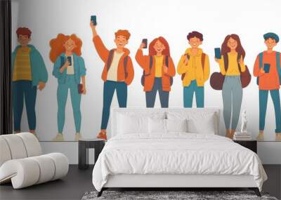 Portrait of group of young teens in stylish clothes with smartphones taking photo, making selfie, texting and surfing in internet isolated on white background.  flat, Generative AI Wall mural