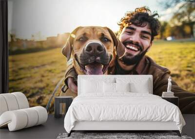 Young happy man taking selfie with his dog in a park - Smiling guy and puppy having fun together outdoor - Friendship and love between humans and animals, Generative AI Wall mural