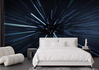 Speed Blue, cyan and white light, neon glowing rays lines. Colored, hyper jump. Abstract creative neon color speed background. Space blurry 4K. Wall mural