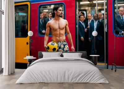 Shirtless man with long hair and beard wearing floral shorts holding a soccer ball in a subway station, surrounded by formally dressed commuters in the background. Wall mural