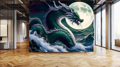 Japanese dragon in the sky at night with wave and moon / Generative AI Wall mural