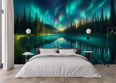 A crystal-clear lake in a pristine forest at midnight, mirroring a sky of vibrant auroras Wall mural