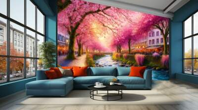 A scenery view of cherry blossoms in springtime at Bonn, Germany Wall mural