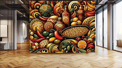 An abstract pattern inspired by Spanish cuisine, featuring a vibrant palette of paprika red, saffron yellow, olive green, and rich brown, creating a lively, appetizing and culturally rich design Wall mural