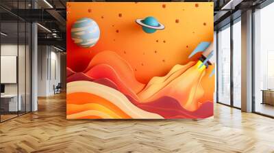 a rocket flying in space planet in 3d colorful paper art style Wall mural