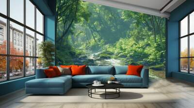 a stream in lush forest nature background Wall mural