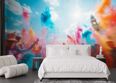 crowded blurred people with colorful holi powder Wall mural