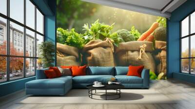 healthy vegetarian concept background of harvest fresh vegetables on burlap Wall mural