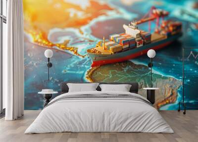 import export logistics distribution transportation business concept background. container ship model on world map Wall mural