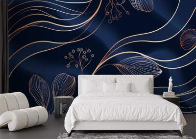 luxury navy blue floral pattern curve golden line abstact texture banner background Wall mural