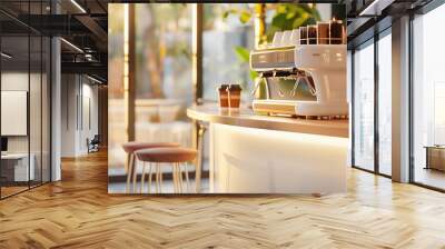 small modern cafe coffee shop with glossy ivory white round bar and coffee machine concept Wall mural