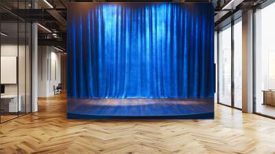 small stage concept with blue curtain and modern brick wall. theater or stand up comedy background Wall mural