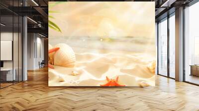 summer sales with sandy beach with starfish  shells and leaves concept banner background Wall mural