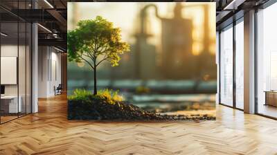 tiny lush tree with blurred industrial factory describe sustainable green concept Wall mural