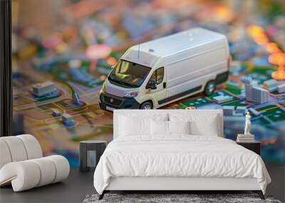 van transporting cargo model on urban city map. service delivery concept background Wall mural