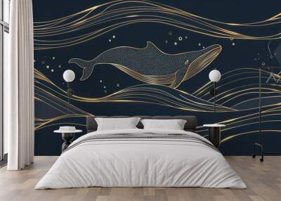 whale golden line art pattern in dark navy blue luxury texture background Wall mural