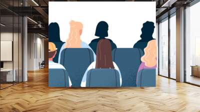 Audience in cinema. Graphic element for website, people on chairs. Poster or banner, men and women at lecture or public speaking. Cartoon flat vector illustration isolated on white background Wall mural