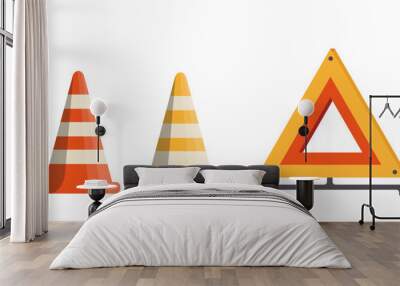 Car drive element. Red and yellow traffic cones and triangle. Road traffic regulation. Safety and protection. Poster or banner. Flat vector illustration isolated on white background Wall mural