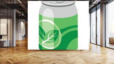 Cold drink icon. Aluminum can with green patterns and leaf logo. Natural and organic product. Refreshing cocktail or juice. Mojito and soda for summer season. Cartoon flat vector illustration Wall mural