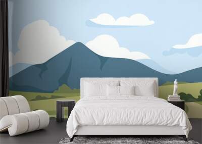 Countryside landscape concept. Mountains and fields with grass, poster or poster for home. Nature and active lifestyle, hiking. Forest in summer or spring season. Cartoon flat vector illustration Wall mural