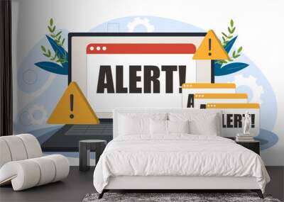 Illustration of an alert notification on a laptop screen with warning signs and alert messages, in a flat graphic style, on a light background, concept of cybersecurity. vector illustration Wall mural