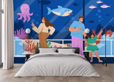 People in Oceanarium concept. Woman and father with daughter look through windows at marine dwellers. Octopus, fishes and shark. Sea or ocean fauna. Cartoon flat vector illustration Wall mural