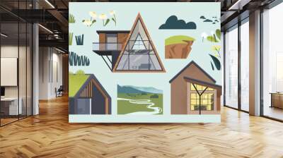 Set of moddern cottages on nature. Real estate and private property. Beautiful houses and buildings next to trees, landscape elements. Cartoon flat vector collection isolated on blue background Wall mural