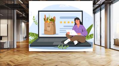 Shopping groceries online. Young girl buys products on Internet. Electronic commerce and home delivery. Paper bag with fruits. Cartoon flat vector illustration isolated on white background Wall mural