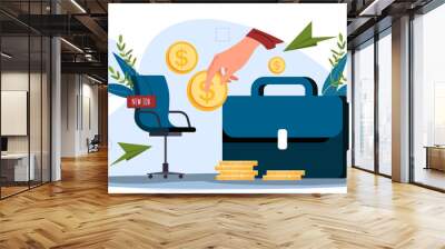 Vector illustration of a briefcase, office chair with a New Job sign, floating coins, hand placing a coin, and plants, symbolizing career growth and financial reward Wall mural