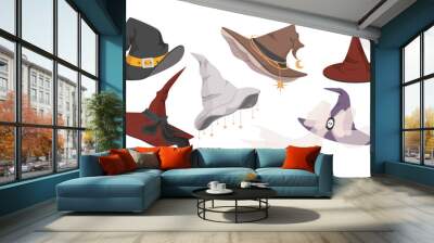 Witch hats set. Magic and sorcery, witchcraft, imagination and fantasy. Halloween stickers for social networks im messengers. Cartoon flat vector collection isolated on white background Wall mural