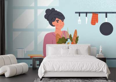 Woman with groceries. Young girl with package of natural and organic products, vegetables and milk. Household chores and routine, hostess with food in kitchen. Cartoon flat vector illustration Wall mural