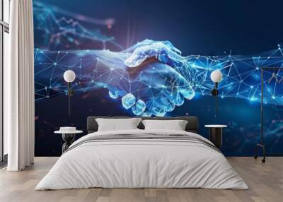  Business partnership concept. Digital handshake on blue technology background. Abstract two hands in lines, connected dots, and triangles. Wall mural