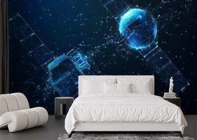 3d satellites polygonal art illustration. Wireless satellite technology, communication or network concept. Abstract vector color wireframe. Digital space dark image with blue lines, dots and stars Wall mural