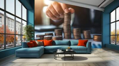 A businessperson counting stacks of coins, symbolizing wealth management and financial planning. Wall mural