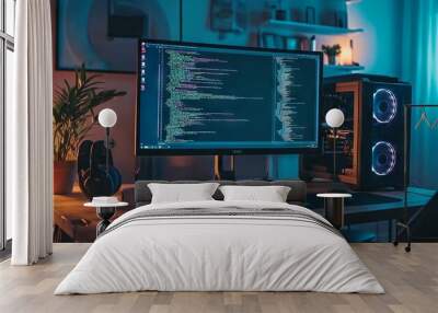 A computer setup with code on the screen, representing learning python for data engineering. main objects: monitor, keyboard, plant, headphones. Wall mural