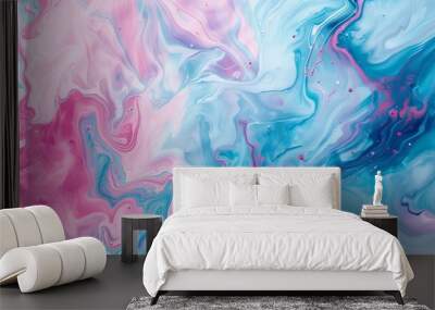 Abstract background with pink and blue swirls of liquid paint. Pastel colored fluid art painting. Modern wallpaper for interior design, decoration, and poster print. Trendy fashion illustration Wall mural