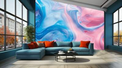 Abstract background with pink and blue swirls of liquid paint. Pastel colored fluid art painting. Modern wallpaper for interior design, decoration, and poster print. Trendy fashion illustration Wall mural