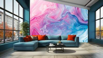 Abstract background with pink and blue swirls of liquid paint. Pastel colored fluid art painting. Modern wallpaper for interior design, decoration, and poster print. Wall mural