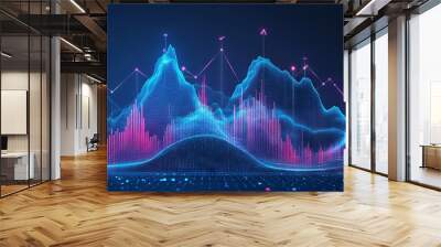 Abstract digital mountain and growth graph chart on technology blue background. Milestone and success business concept. Mountain range landscape and arrow up with histogram. Vector illustration.  Wall mural