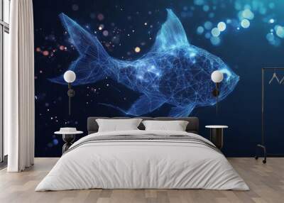 Abstract image of a fish With dark blue background. Low poly wireframe with lines, dots and glowing particles Wall mural