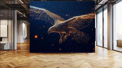 Abstract mash line and point eagle in flames style. With dark blue background. Low poly wireframe with lines, dots and glowing particles  Wall mural