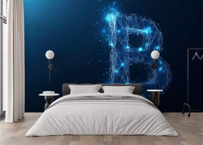 Abstract polygonal letter B consists of polygons, lines, and connected glowing dots. 3D wireframe vector illustration. Technology low poly alphabet concept. Blue on dark blue background  Wall mural