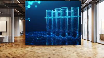 Abstract polygonal test tube rack in futuristic technology style on blue background. Chemical laboratory poly icon. Science and chemistry concept. Glass lab flask for medicine. 3D vector illustration. Wall mural