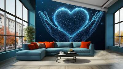 Abstract vector 3d human hands holding or giving heart symbol in dark blue. Charity, volunteering, social care concept. Digital low poly mesh wireframe with connected dots, lines, stars and shapes  Wall mural