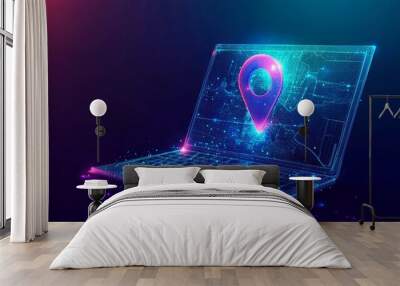 Abstrtact location pin on laptop screen. GPS concept. Low poly wireframe vector illustration in futuristic hologram style on a technology blue background. Monochrome light illustration with 3D effect  Wall mural