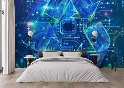 AI chip and two recycle digital arrows. Abstract digital AI processor in low poly wireframe with neon blue lights effects. Technology background. Artificial Intelligence concept.  Wall mural