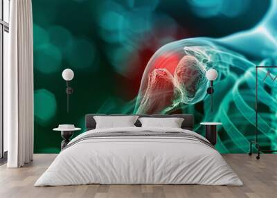 An illustration of the shoulder in green with a red pain area, in the style of an x ray. Wall mural